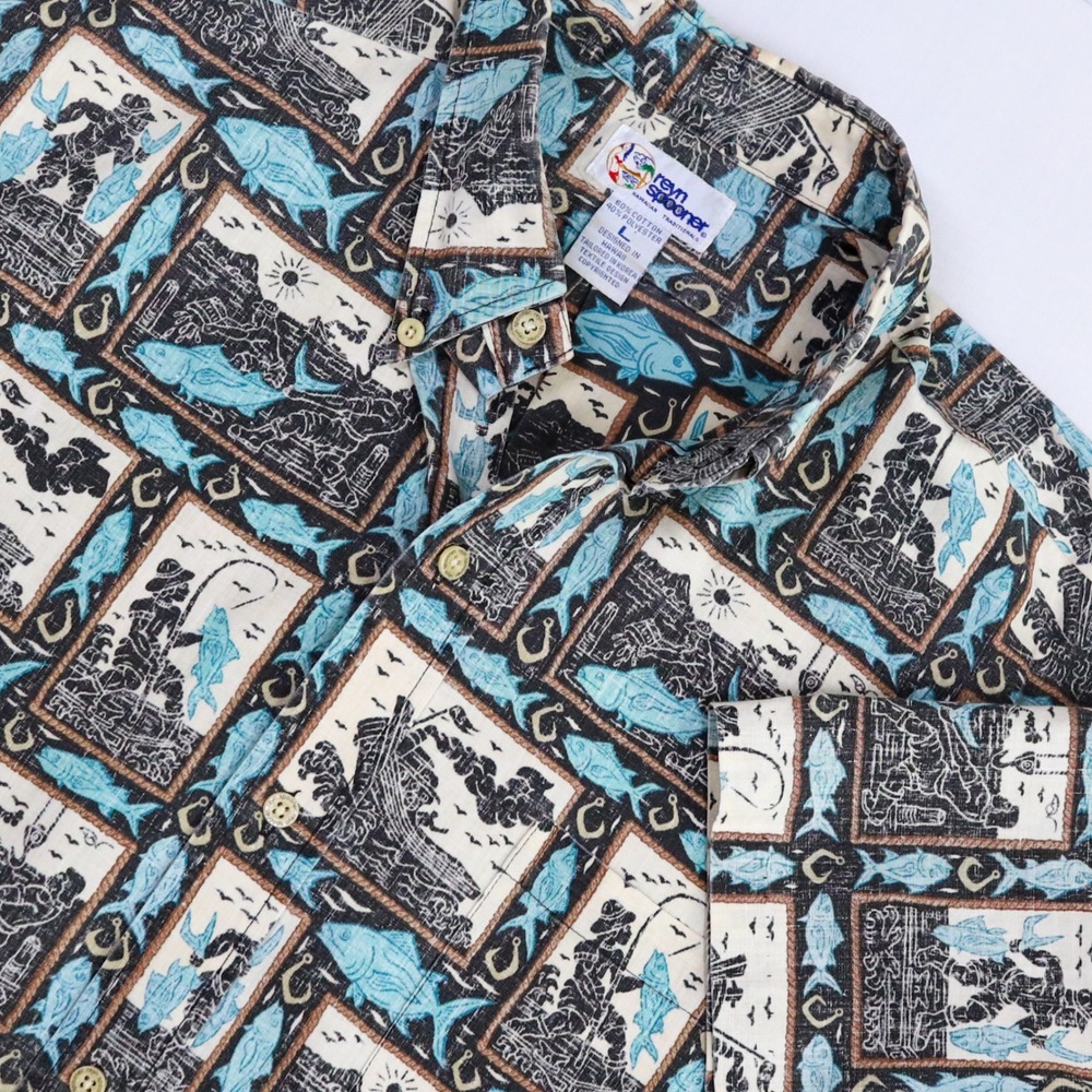 Vintage Reyn Spooner Reverse Print Hawaiian Shirt Mens L Fish Nautical Aloha